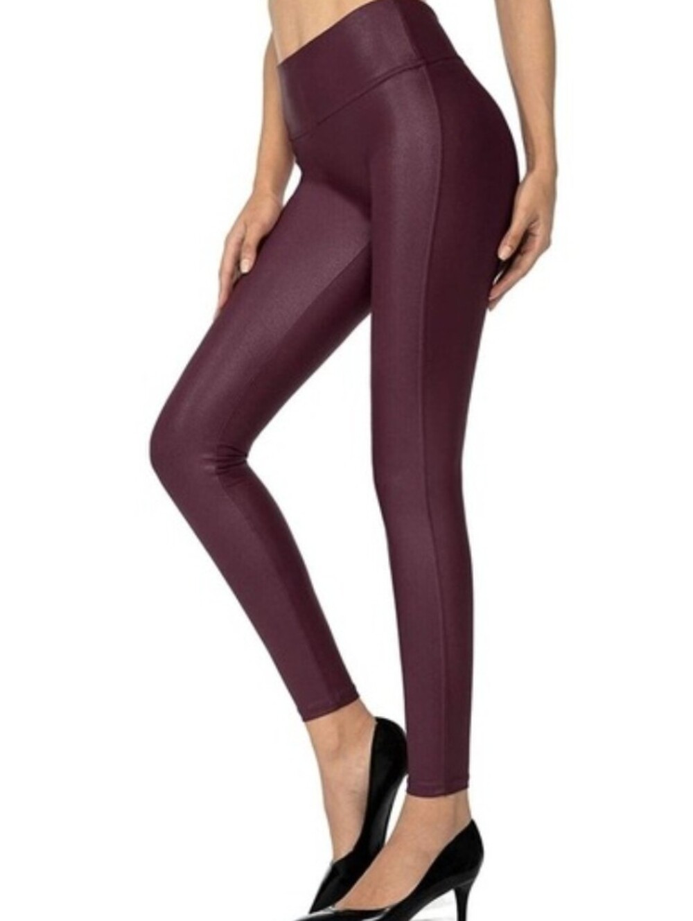 SANTINY size 25L High Waist Faux Leather Sheen 4 Way Stretch Leggings Burgundy
